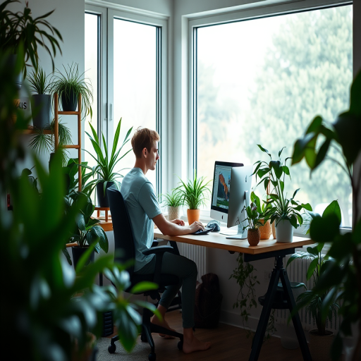 A cozy home office scene featuring a person working at a desk with a computer, surrounded by various indoor plants, large windows with natural light, soft focus background, taken with a Canon EOS R5 using a 50mm lens, aperture f/1.8, ISO 200, and a warm color grading for a serene atmosphere.