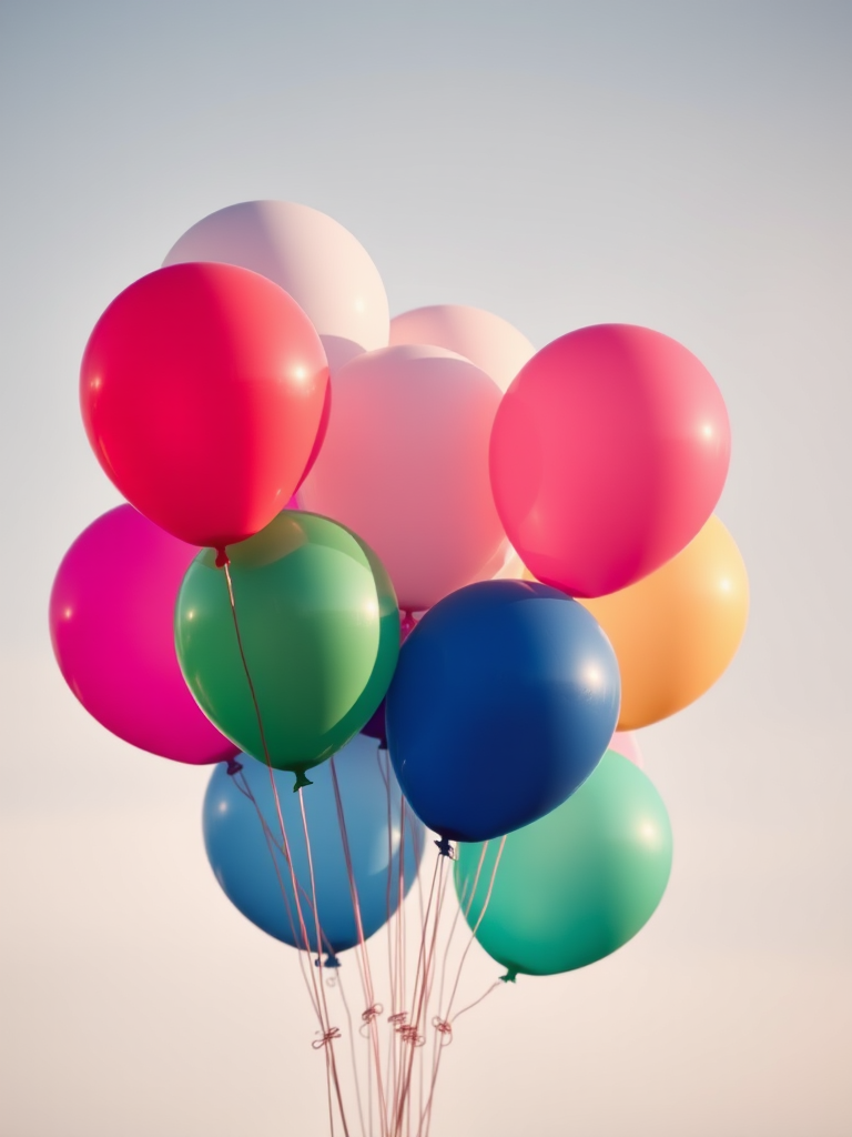 colorful balloons floating against a soft gradient background, vibrant colors, soft light, shallow depth of field, Canon EOS R5, aperture f/4, shutter speed 1/250s, ISO 100, natural light, portrait orientation