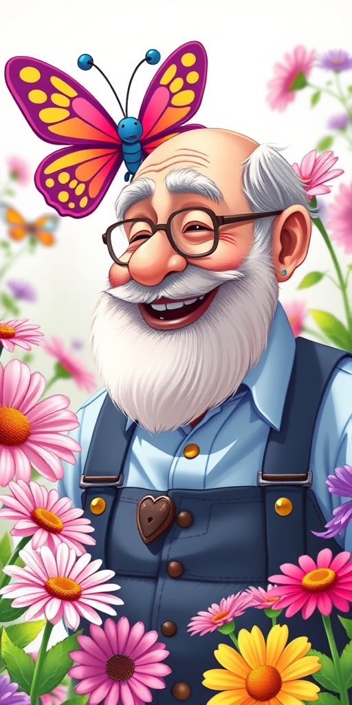 Create a whimsical illustration of an elderly man with a beard in suspenders smiling at a colorful cartoon butterfly, surrounded by vibrant flowers including pink daisies and purple blooms, captured in a bright, cheerful setting with a vibrant color palette, using a Canon EOS R5, 50mm lens, f/2.8 aperture, and natural lighting for enhanced detail and clarity.