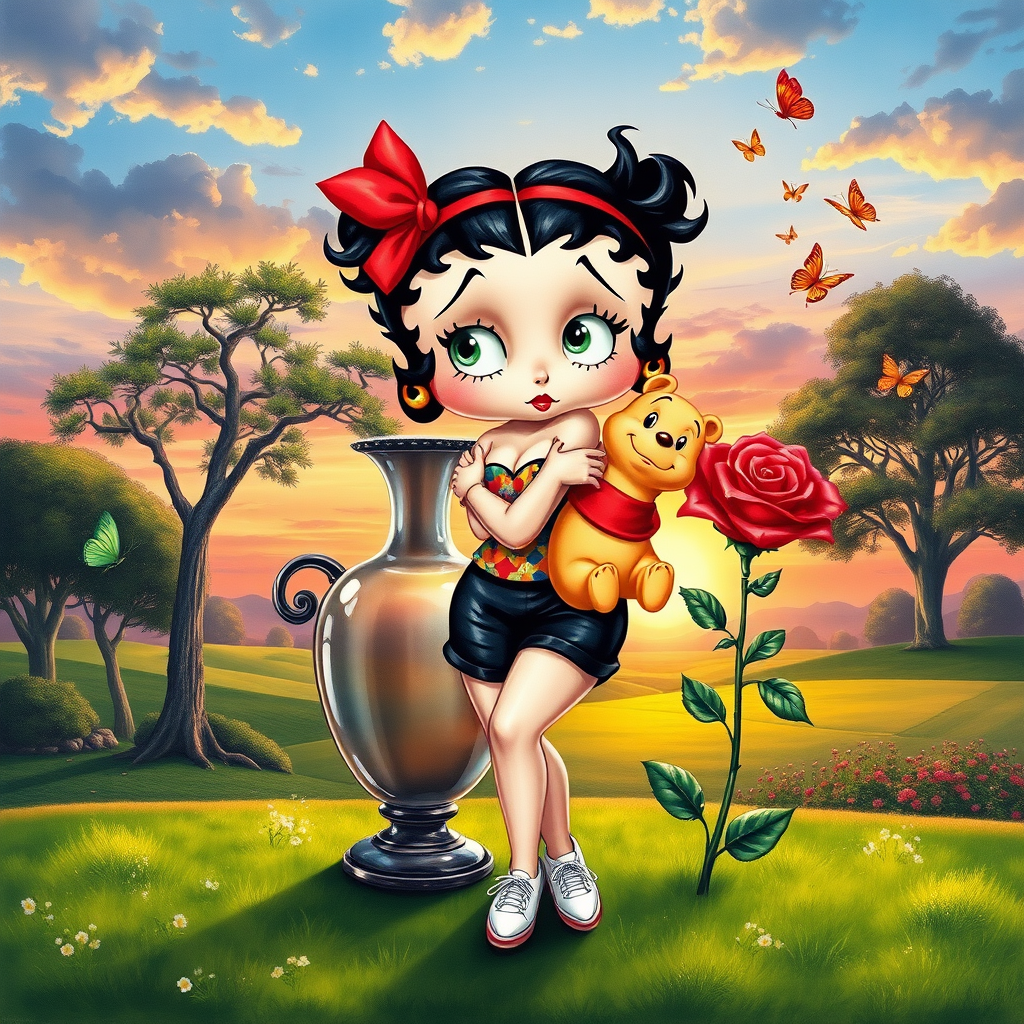 Luxury 3D HD realistic watercolor oil painting. Betty Boop with black hair in two messy buns. Red headband with big bow. He wears black shorts with a colorful t-shirt. White sneakers. She is standing hugging winnie the pooth next to a large vase with a tall red rose, There are trees and butterflies flying. The land with a beautiful lawn. Full body. Background of a sunset