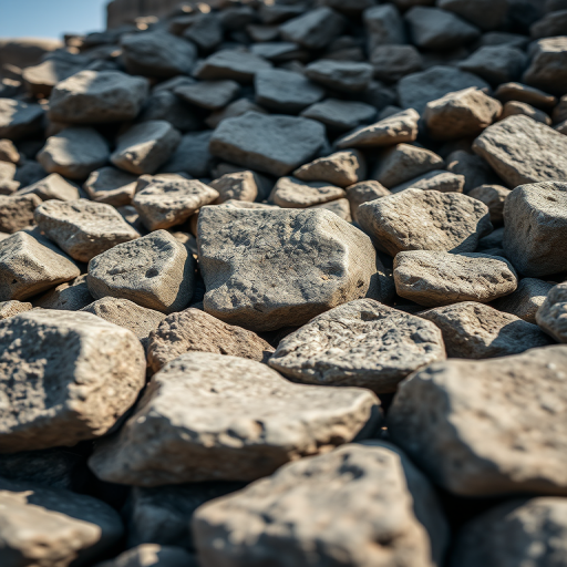 create a high-resolution 3D rendering of a pile of textured rocks with detailed surface features, shot in natural light with a 50mm lens at f/8, using a DSLR camera from a low angle perspective to emphasize depth and texture