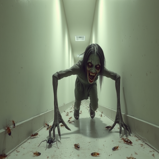 a crooked female with long arms and a creepy smile is crawling along a long white corridor and you can also see cockroaches in it there is a creepy atmosphere creepy art style