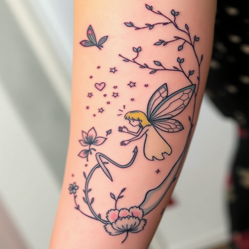 Illustrative fine line tattoo featuring a whimsical fairy tale scene, delicate linework creating depth and texture, ethereal pastel colors blending seamlessly, storybook-inspired composition