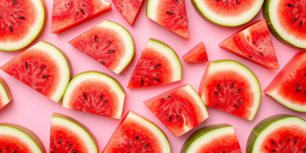Create a vibrant pattern of watermelon slices arranged diagonally on a soft pink background, captured with a Canon EOS R5, 50mm lens, f/8 aperture, 1/125 sec shutter speed, ISO 100, macro style view for enhanced detail.