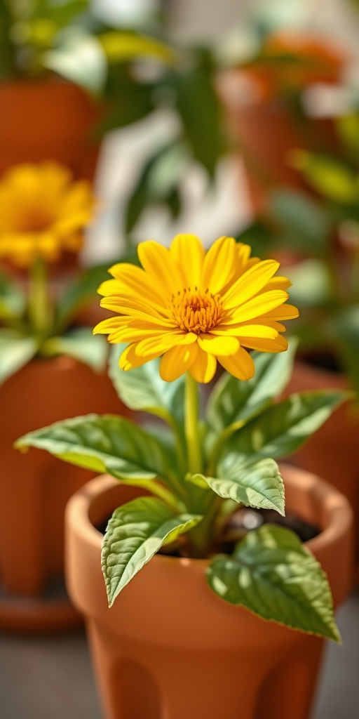 Create a vibrant digital illustration of a cheerful yellow flower in a terracotta pot with lush green leaves, using a 50mm lens, f/2.8 aperture, shallow depth of field, in a bright, soft natural light setting, mimicking a macro photography style.