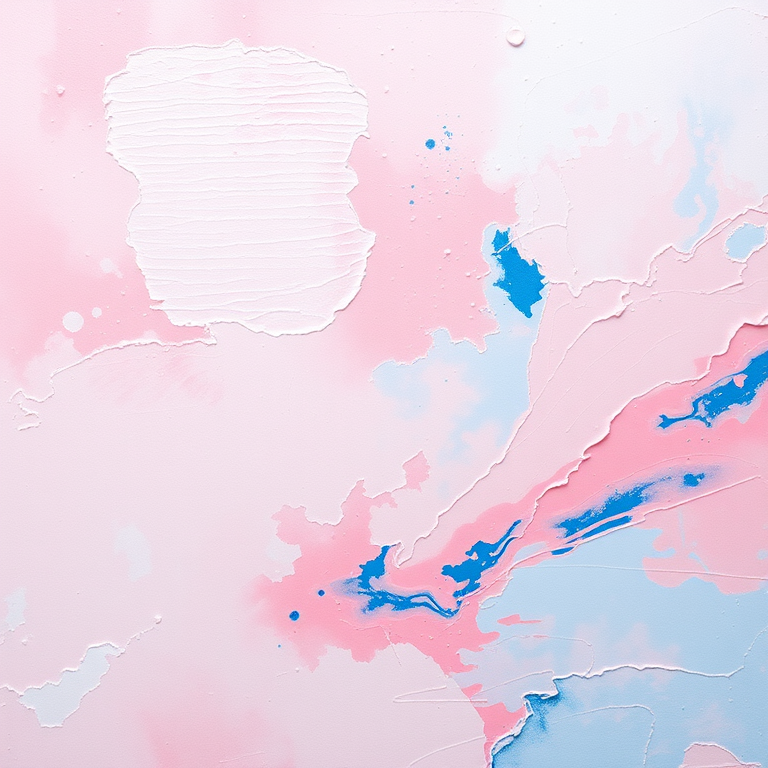 Generate a high-resolution abstract painting with soft pastel pink and blue hues, using a DSLR camera with a 50mm lens, aperture f/2.8, ISO 100, capturing from a overhead view, with soft lighting to enhance texture and color vibrancy.