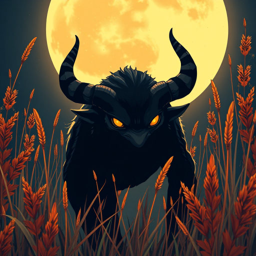 Regenerate an illustration of a horned black creature with glowing orange eyes surrounded by tall grasses and orange foliage under a large moon, using a DSLR camera with a 50mm lens, f/1.8 aperture, 1/125 shutter speed, and a shallow depth of field for enhanced detail and vivid colors.