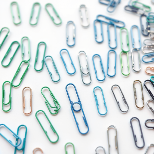 create an image of multiple rows of colorful paper clips in various shades of green, blue, and silver on a white background, using a high-resolution DSLR camera, f/8 aperture, 50mm lens, 1/125 shutter speed, and natural lighting to enhance details and contrast.