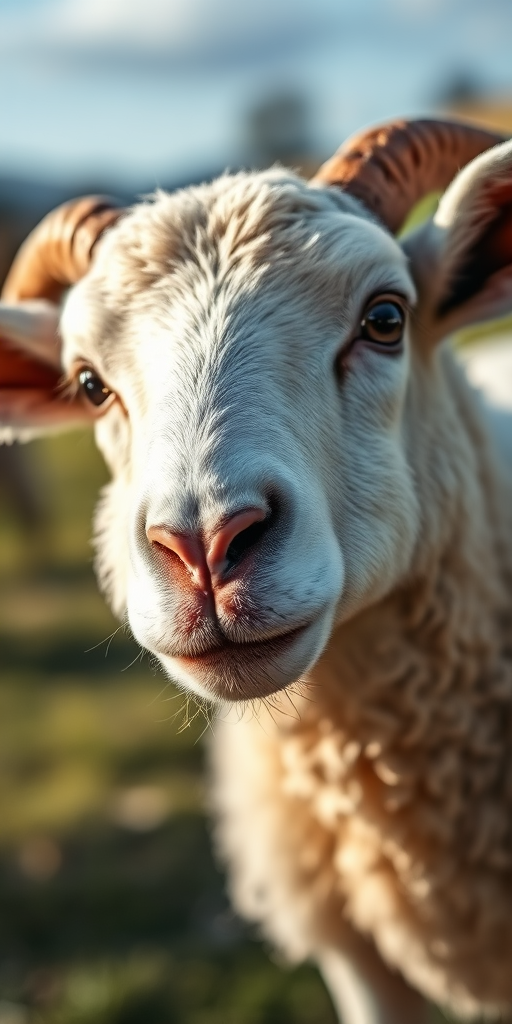 Capture a close-up of a sheep in a natural setting with a shallow depth of field, using a DSLR camera at f/2.8, 50mm lens, ISO 200, with a soft natural light, showcasing its texture and expression against a blurred background.