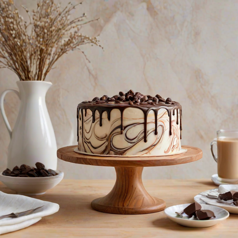 Generate an image of a beautifully crafted cake displayed on a wooden cake stand. The cake features a smooth, creamy surface with a marbled chocolate and vanilla design. There is a decorative coffee pot in the background, adding a touch of elegance to the scene. The overall aesthetic is minimalistic and stylish, with a light-colored background that enhances the cake's appearance.
