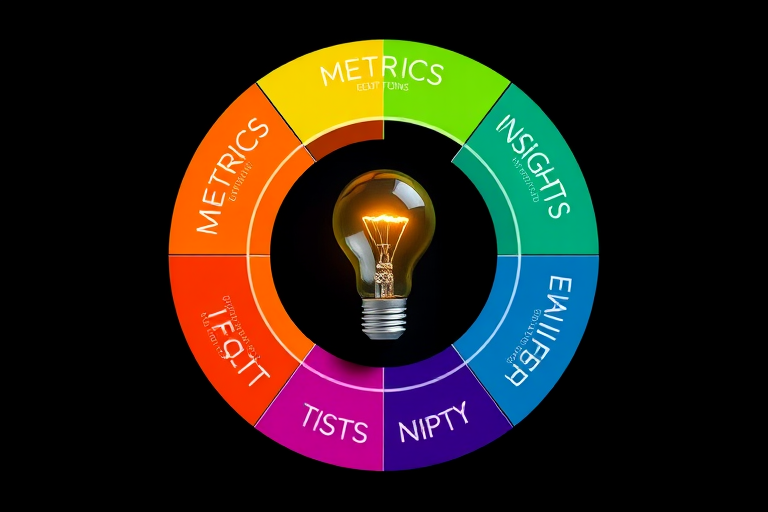 Create a circular infographic illustrating the concepts of Metrics, Returns, Insights, and Testing with vibrant colors, featuring a light bulb at the center, using a Canon EOS R5, f/11 aperture, 50mm focal length, ISO 100, and a 3-point lighting setup for enhanced clarity and depth.