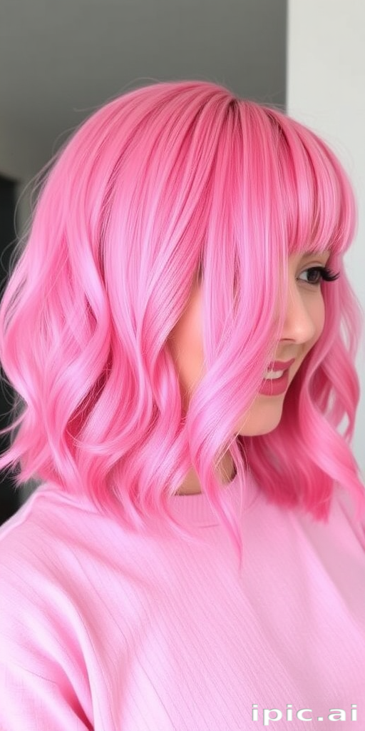 Playful bubblegum pink bob dubbed "Cotton Candy Crush" with blunt cut ends, pastel pink base with darker rose accents, textured waves throughout, side-swept bangs blending seamlessly, whimsical and fun appearance
