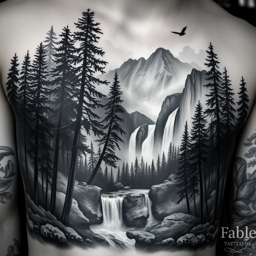 Realistic black and gray tattoo called "Shadows of Nature" portraying a lifelike forest scene with towering trees, cascading waterfalls, and hidden wildlife, celebrated for its photorealistic shading and depth