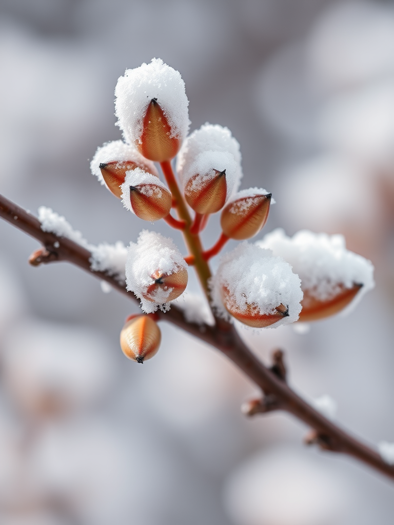 macro shot of snow-covered catkins on a branch with a blurred background, aperture f/2.8, shutter speed 1/200s, ISO 100, capture in natural light, use a DSLR camera with a 100mm macro lens