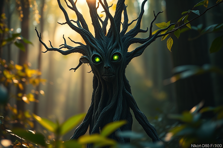elaborate tree spirit humanoid with glowing eyes in an enchanted forest, morning light filtering through leaves, Nikon D850, 50mm lens, f/1.8, ISO 100, aperture priority mode, soft focus background for depth, vibrant color saturation, high dynamic range