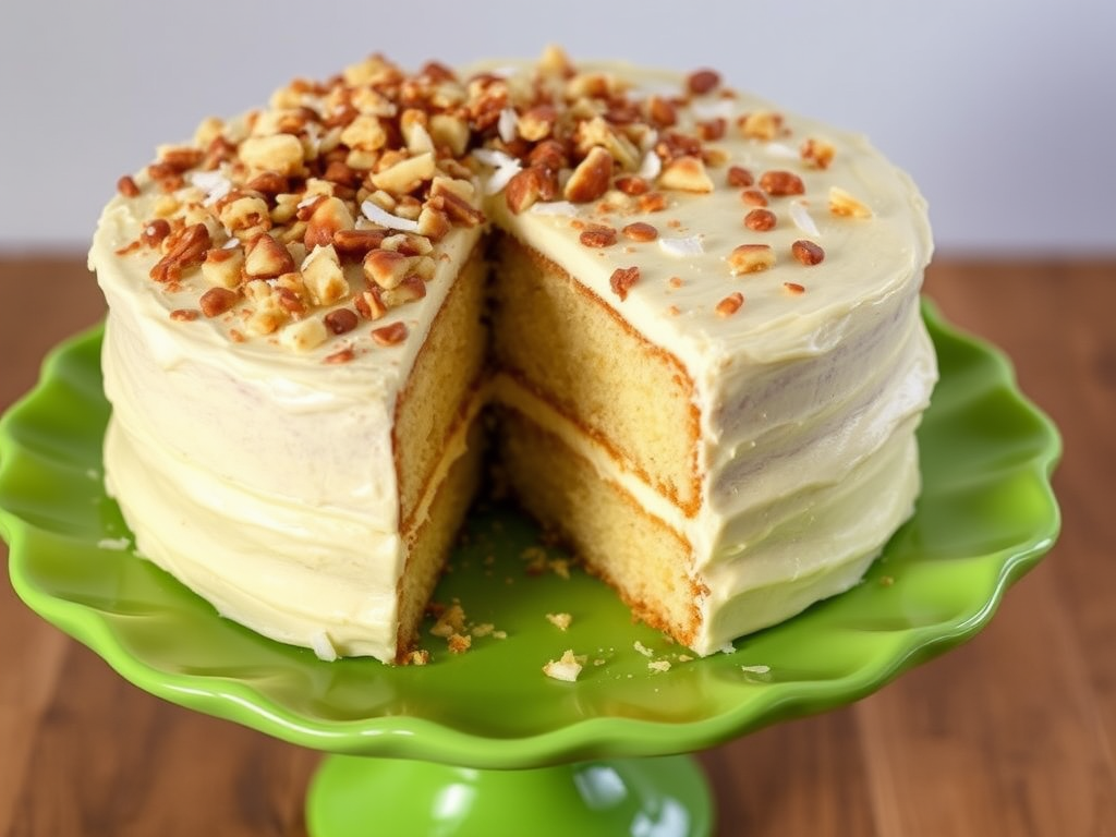A delicious layered cake with a creamy frosting topped with chopped nuts and coconut flakes displayed on a vibrant green cake stand with a slice removed revealing the moist interior.