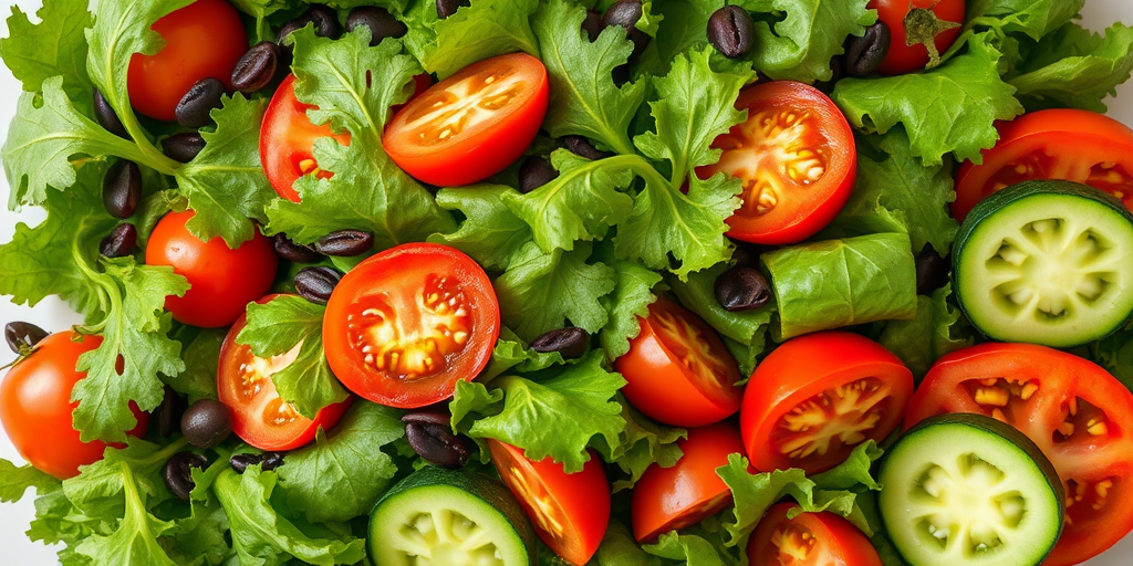 Create a vibrant and detailed digital illustration of a fresh salad with mixed greens, tomatoes, cucumbers, and peppers, shot from a top-down view using a DSLR camera with a focal length of 50mm, aperture set to f/2.8, and a slight bokeh effect to enhance depth and detail.