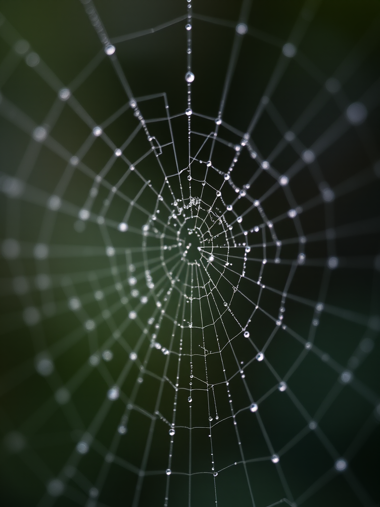 close-up of a dewy spider web with intricate details and soft bokeh background, shot with a macro lens at f/2.8, 1/200s, ISO 100, natural light, using a DSLR camera