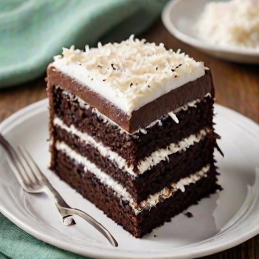 Generate an image of a layered chocolate cake with white frosting and shredded coconut on top. The cake should be sliced to show the rich chocolate layers and creamy filling inside. The background should be simple and elegant, highlighting the cake as the main focus.