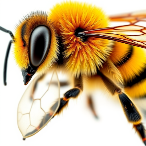 Create a detailed, high-resolution illustration of a bee with vibrant yellow and black stripes, showcasing intricate wing designs, soft gradients and shadows, using a macro lens at f/2.8 aperture, ISO 100, 1/200 sec shutter speed, in a bright, evenly lit studio setting.