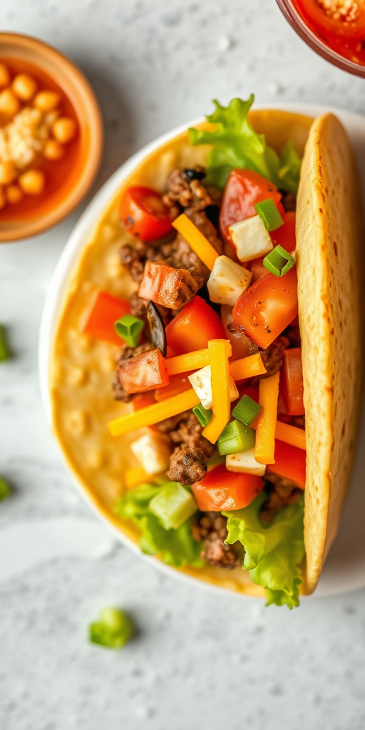 Create a high-resolution image of a taco filled with beef, lettuce, tomatoes, and cheese, shot with a Canon EOS R5 at f/2.8, ISO 100, 50mm lens, overhead view, vibrant and saturated colors, soft shadowing for depth.