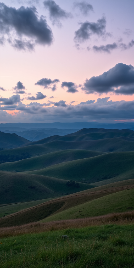Image of a serene landscape featuring rolling hills under a twilight sky with scattered clouds, captured using a DSLR camera with a 50mm lens, aperture set to f/2.8, shutter speed 1/250s, ISO 200, in a wide-angle view, to enhance clarity and depth.