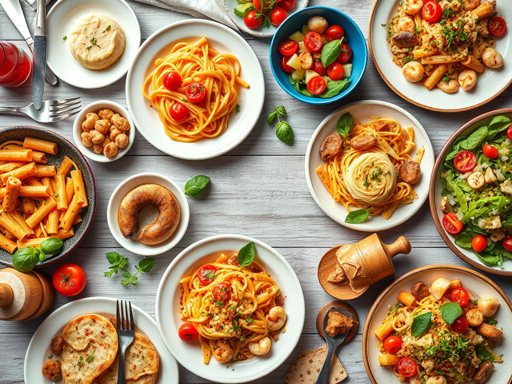 A vibrant flat lay of a gourmet Italian meal featuring diverse dishes like pasta, seafood, and salads, captured with a DSLR camera at f/2.8 aperture, ISO 200, 50mm lens, natural light, and overhead angle for rich colors and sharp details.