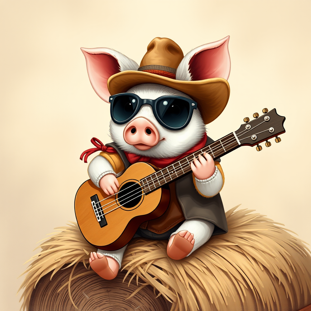 A chibi pig, dressed as a cowboy, playing guitar, sitting on a hay bale