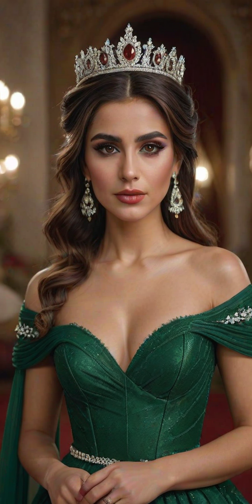 A gorgeous Chaldean woman in a luxurious green gown, accessorized with a dazzling tiara and statement earrings, her deep red eyes highlighted by impeccable makeup, poised in a royal setting, photorealistic, 8K quality