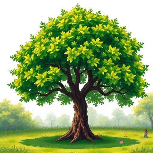 Generate a detailed illustration of a lush green tree in a natural setting with vibrant leaves and a sturdy trunk, using a DSLR camera with a 35mm lens, aperture f/2.8, ISO 100, and natural lighting to enhance depth and detail.