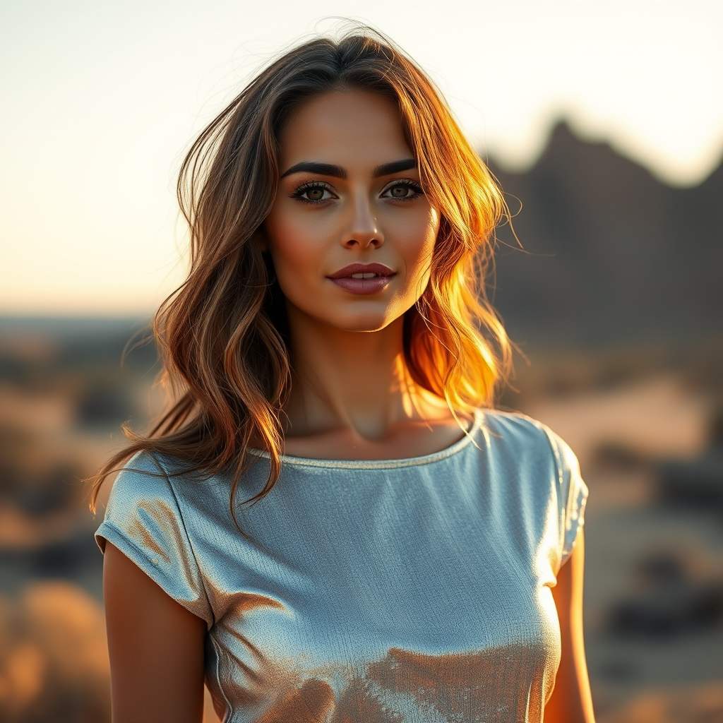 portrait of a woman in a shimmering silver dress standing in a desert landscape during golden hour, soft sunlight illuminating her features, aperture f/2.8, shutter speed 1/200 sec, ISO 100, 50mm lens, shallow depth of field, DSLR camera, vibrant colors and enhanced clarity