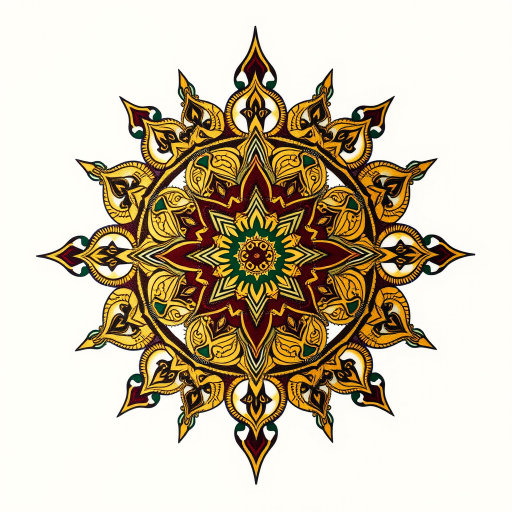 Elegant "Gilded Mandala" tattoo style featuring intricate, symmetrical patterns inspired by traditional Buddhist and Hindu art, rendered in rich gold ink with accents of deep burgundy and emerald green, creating a luxurious and spiritually meaningful design that exudes balance and harmony, ideal for those seeking a tattoo with both aesthetic beauty and profound symbolism