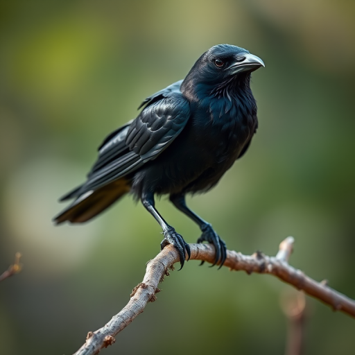 Create a detailed portrait of a raven perched on a branch, using a Canon EOS R5 with a 50mm f/1.2 lens, aperture set to f/2.8, shutter speed 1/200s, ISO 200, with natural lighting and a shallow depth of field to emphasize the bird against a soft-focus background.