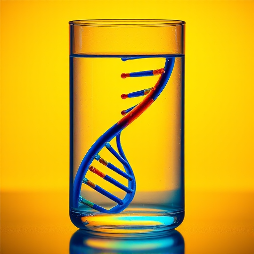 A high-resolution illustration of a test tube containing a double helix DNA structure, vibrant blue and yellow colors, captured using a Canon EOS 5D Mark IV, ISO 100, f/8 aperture, 50mm lens, in a studio setup with softbox lighting for even illumination.