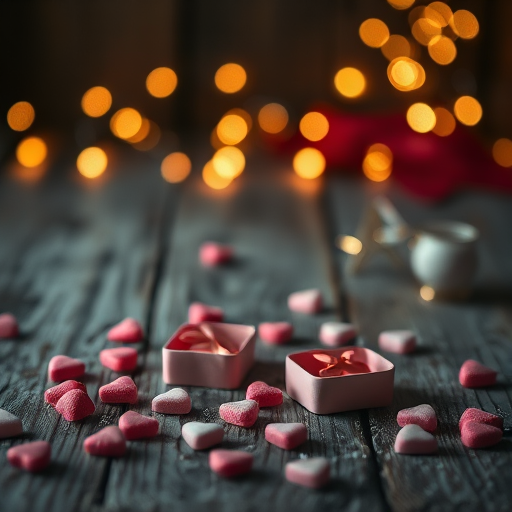 Capture a romantic still life of heart-shaped boxes and candy scattered on aged wooden surface, soft focus with warm fairy lights in the background, aperture f/2.8, ISO 200, shutter speed 1/60s, using a DSLR camera with a 50mm lens, in a moody, atmospheric style.