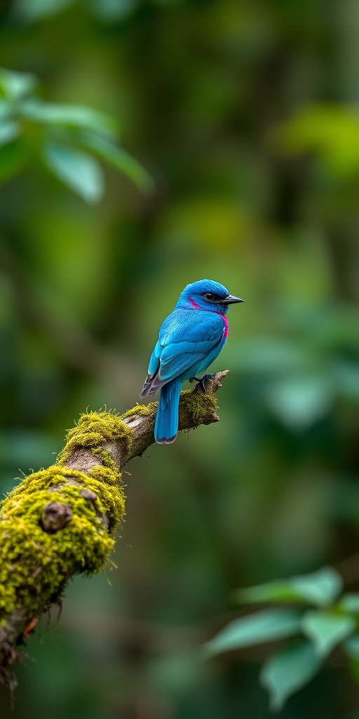 capture a vibrant blue bird perched on a moss-covered branch in a lush green forest, use a Canon EOS R5 camera with an 85mm f/1.2 lens, aperture set to f/2.8, shutter speed 1/100s, ISO 400, natural light with a shallow depth of field to enhance background blur