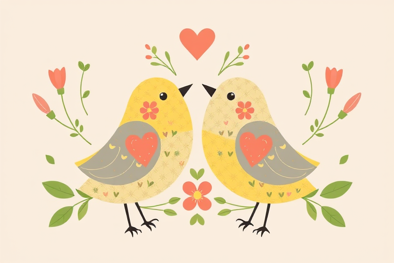 Create a vibrant digital illustration of two stylized birds with heart patterns and floral elements, using a soft color palette of yellow, gray, and green, in a symmetrical composition, captured with a Canon EOS R5, 50mm lens, f/2.8 aperture, and soft lighting for a whimsical effect.