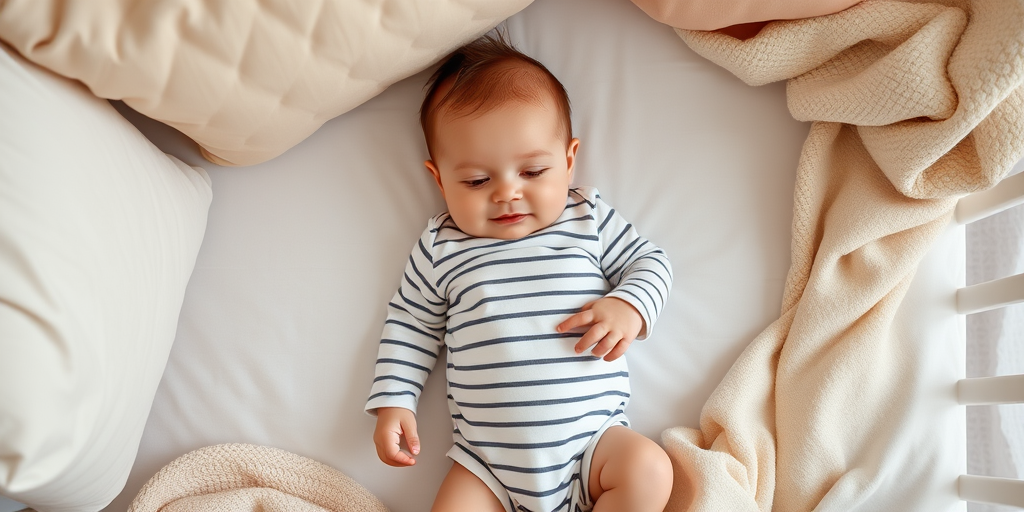 Capture a high-quality image of a baby lying on a crib mattress with a striped onesie, surrounded by soft pillows and a cozy blanket, using a DSLR camera at f/2.8 aperture, ISO 200, 50mm lens, top-down view, with natural light for soft illumination.