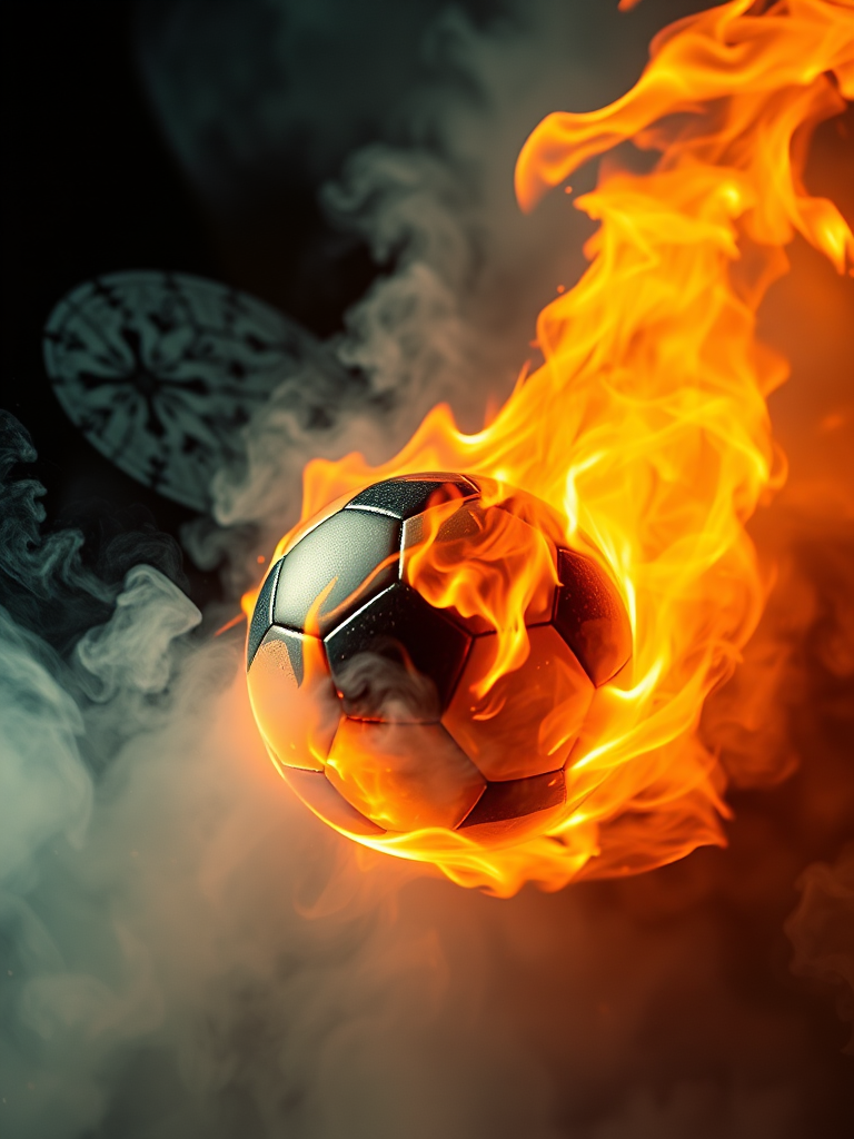 A dynamic soccer ball surrounded by intense flames and smoke, captured with a Canon EOS R5, 50mm lens, f/1.8 aperture, ISO 200, 1/500 sec shutter speed, in a low-angle perspective to emphasize movement and energy, with a dramatic lighting setup to enhance the fiery effects.