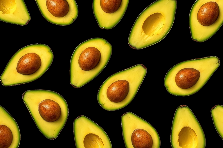 Create a high-resolution, digitally painted pattern of sliced avocados on a black background, using a Canon EOS R5 with a 50mm f/1.2 lens at ISO 100, aperture f/4, and a high contrast studio lighting setup.
