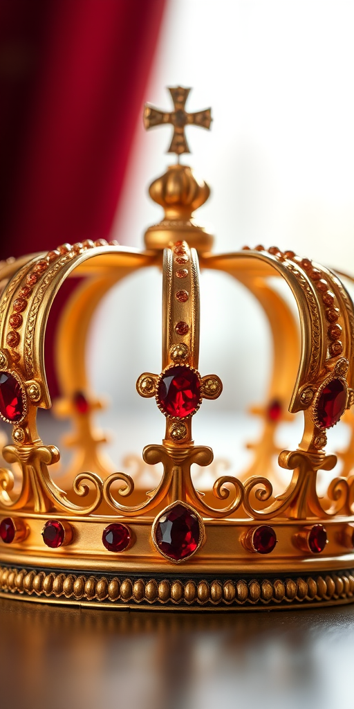 Generate a high-resolution image of a golden crown with red jewels, using a DSLR camera, aperture f/2.8, shutter speed 1/125s, ISO 100, macro view, with soft natural lighting and a blurred background for emphasis on the crown.