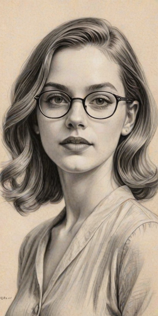 Magnificent Victoria Pedretti, pencil sketch, portrait of Attractive woman 1932s in glasses, hair style beatnik, outline, clear lines, fine lines, 8k