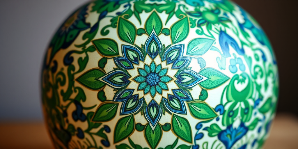 create an artistic representation of a decorative vase with intricate green and blue patterns, high resolution, macro view, aperture f/2.8, ISO 100, 50mm lens, soft lighting, digital illustration