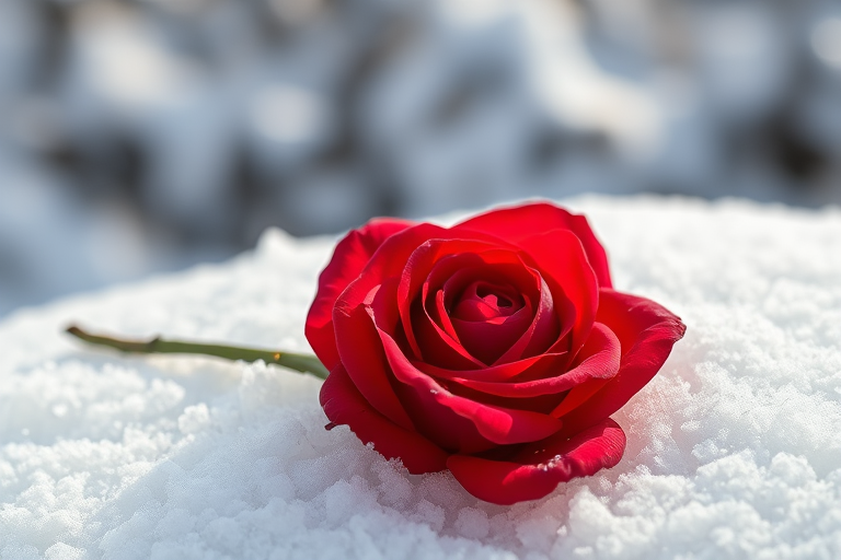 A vibrant red rose resting on a blanket of pristine white snow, captured with a Canon EOS 5D Mark IV, f/4 aperture, 1/200 sec shutter speed, ISO 100, using a macro lens for detailed close-up, with soft natural lighting to highlight the textures.