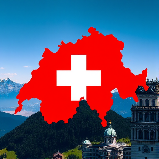Create a high-resolution image of the Swiss flag overlaying a silhouette of Switzerland, using a wide-angle lens with f/8 aperture, ISO 100, and 24mm focal length, capturing vibrant colors and sharp details.