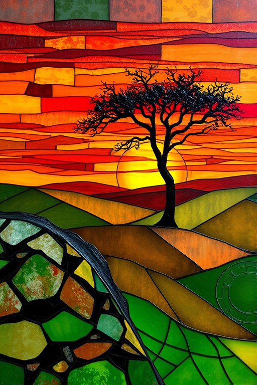 A vibrant abstract painting on Tiffany Glass, blending acrylic and alcohol ink techniques, captures a dramatic sunset over rolling hills. The artwork features a textured, rocky foreground in green and brown, layered abstract hills, and a striking sunset in rich oranges, yellows, and reds. A solitary black tree with intricate branches contrasts against the fiery sky, creating a dynamic and expressive portrayal of a breathtaking natural scene.