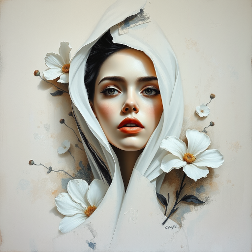An ethereal woman emerges from a textured canvas, a modern abstract portrait shrouded in delicate mystery. Bold, expressive brush strokes, dynamic interplay of light and shadow. whites and creams, sense of purity and timelessness. Floral motifs bloom around her