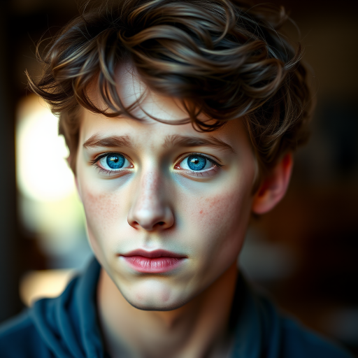 portrait of a young man with tousled curly hair and striking blue eyes, soft natural lighting, shallow depth of field, 50mm lens, f/1.8, ISO 200, warm color tones, background softly blurred