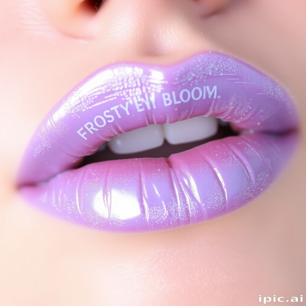 Frosted lavender lips with a pearl finish, named "Frosty Bloom," showcase a cool-toned iridescence and subtle shimmer for a whimsical touch