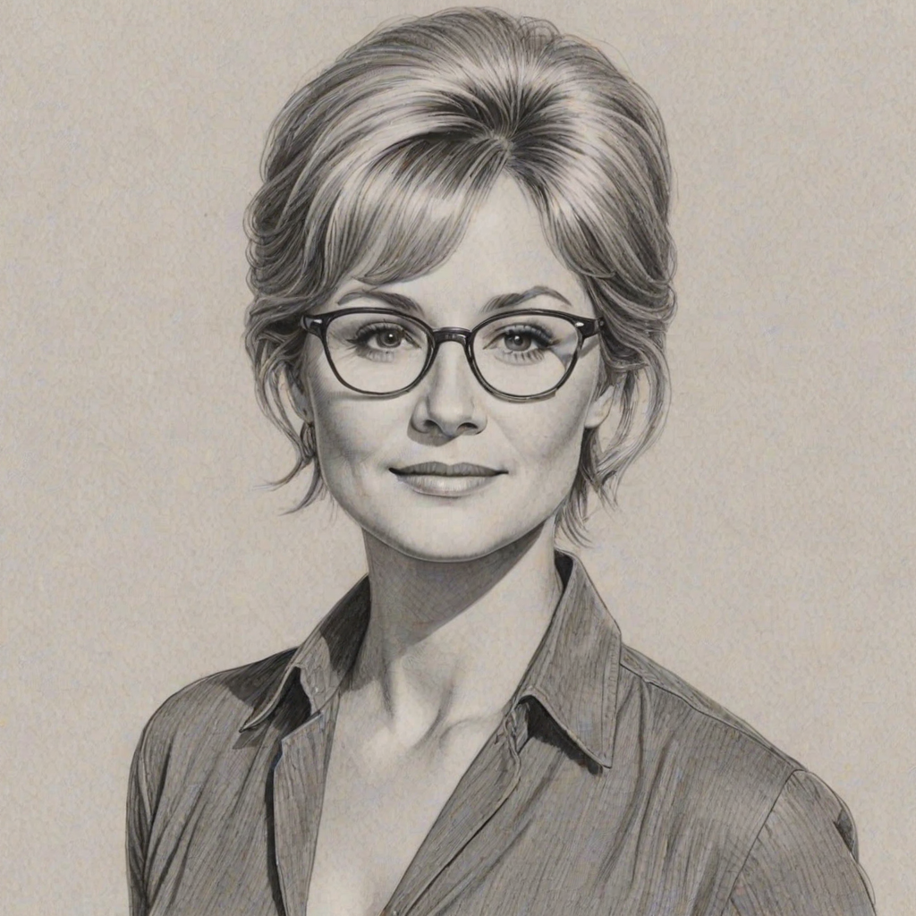 Radiant Dee Wallace, pencil sketch, portrait of Ravishing woman 1960s in glasses, hair style beatnik, outline, clear lines, fine lines, 8k